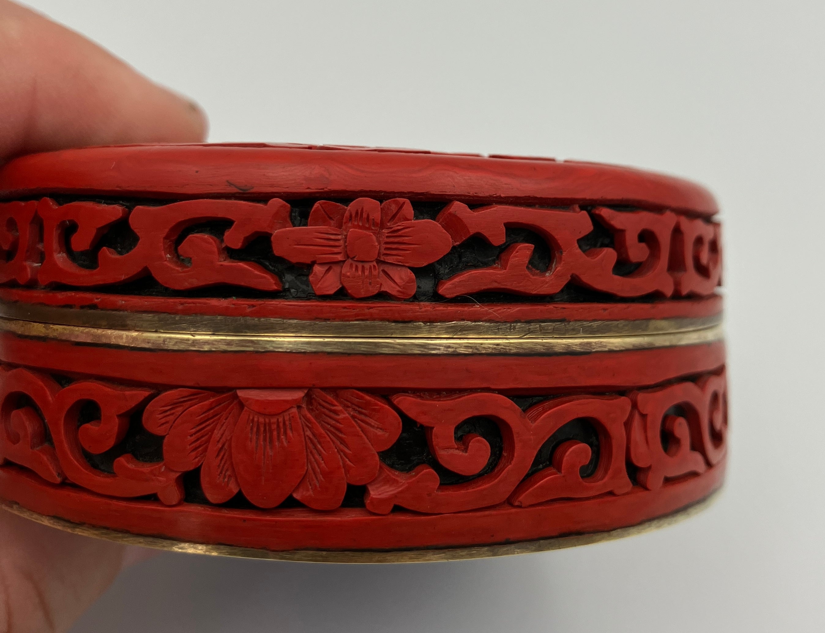 Antique Chinese Cinnabar Round Box Carved Flowers Blue Enamel & Brass 7cm Dia
