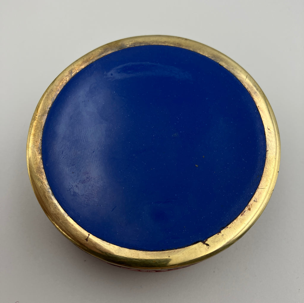 Antique Chinese Cinnabar Round Box Carved Flowers Blue Enamel & Brass 7cm Dia