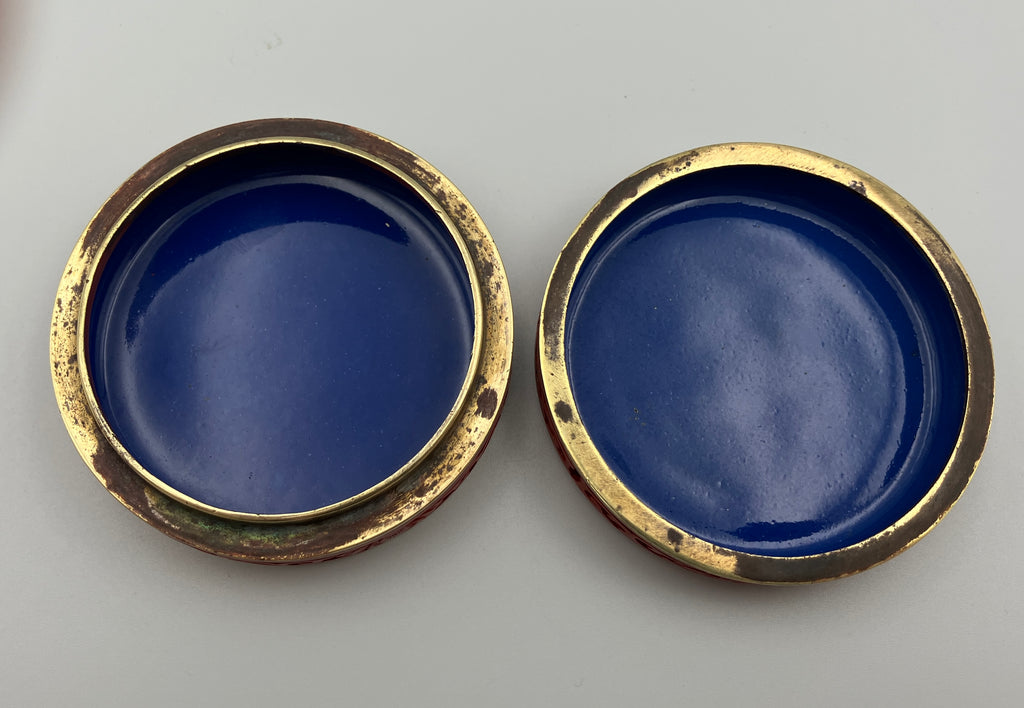 Antique Chinese Cinnabar Round Box Carved Flowers Blue Enamel & Brass 7cm Dia