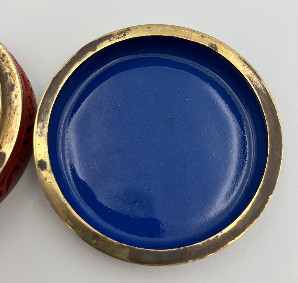 Antique Chinese Cinnabar Round Box Carved Flowers Blue Enamel & Brass 7cm Dia