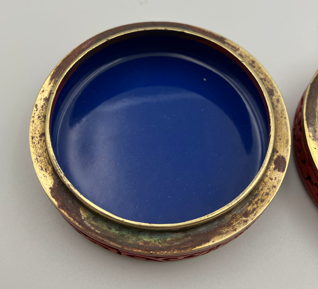Antique Chinese Cinnabar Round Box Carved Flowers Blue Enamel & Brass 7cm Dia