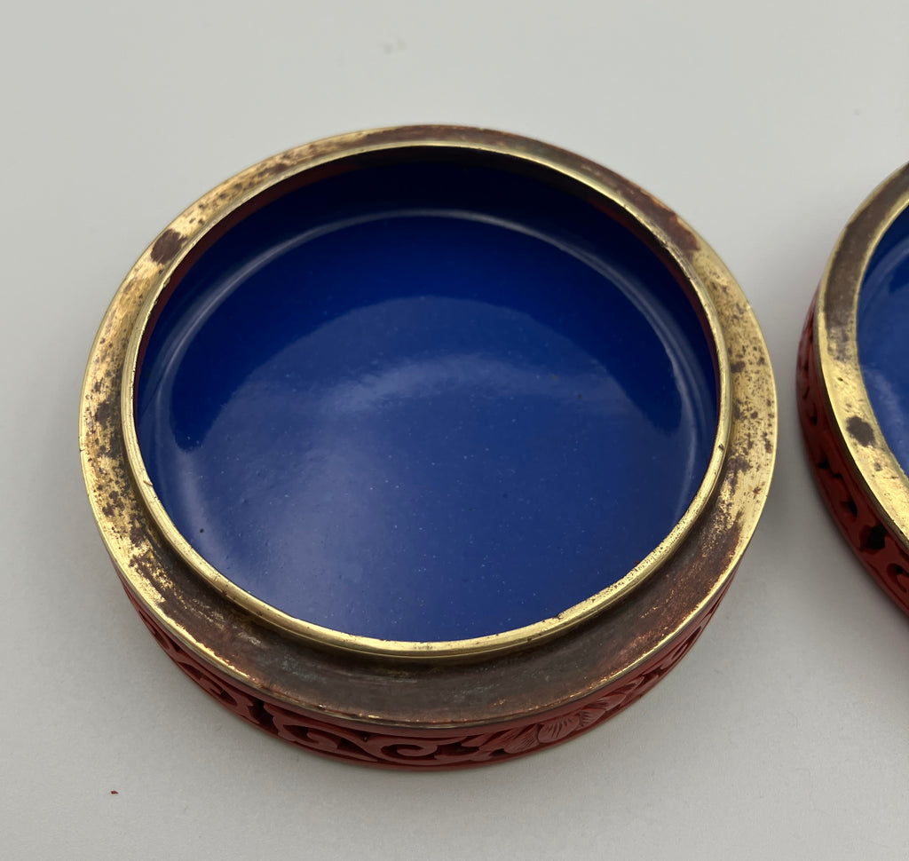 Antique Chinese Cinnabar Round Box Carved Flowers Blue Enamel & Brass 7cm Dia