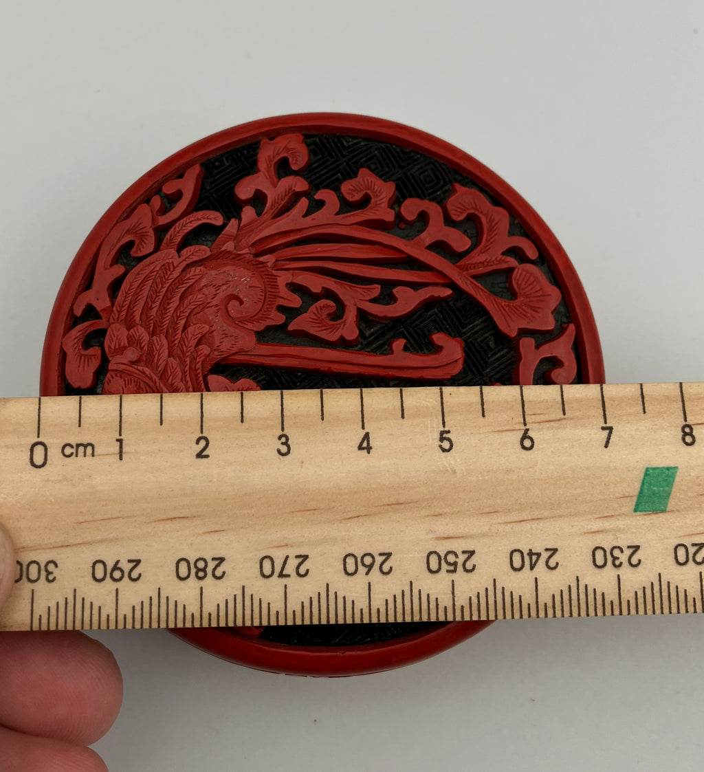 Antique Chinese Cinnabar Round Box Carved Flowers Blue Enamel & Brass 7cm Dia