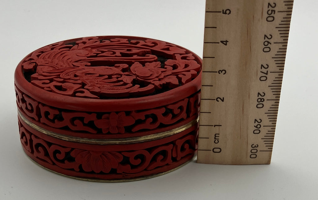 Antique Chinese Cinnabar Round Box Carved Flowers Blue Enamel & Brass 7cm Dia