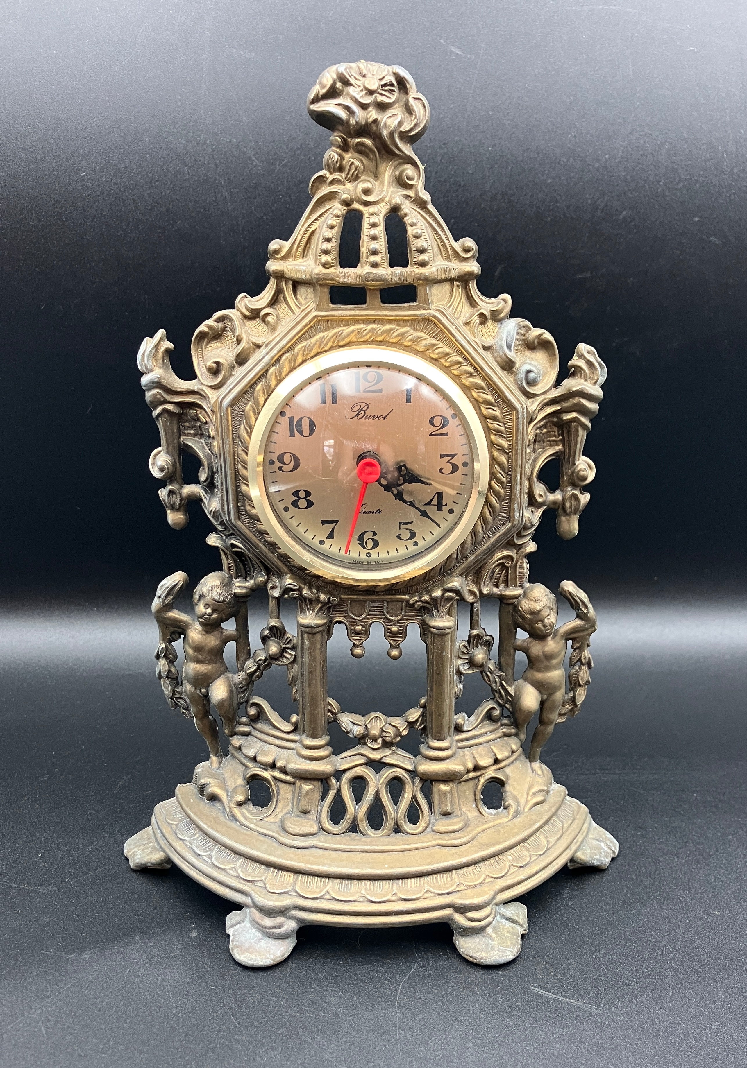 Vintage Brass Italian Clock Buvol Mantel Clock With Cupids - See Video Working