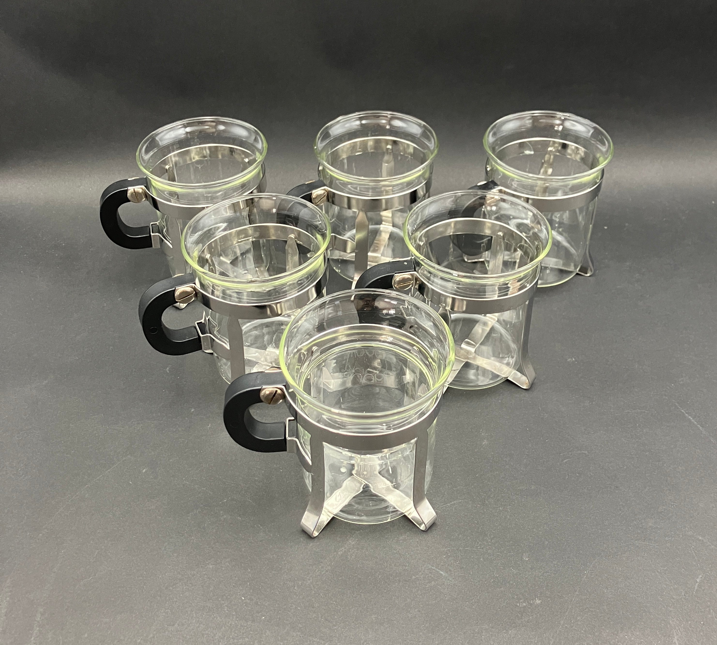 Vintage Bodum Chambord Coffee Cups X6 Glass Metal and Plastic Handle