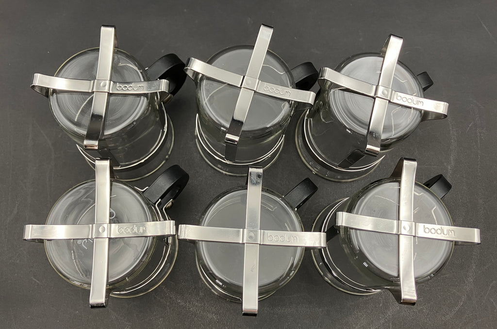 Vintage Bodum Chambord Coffee Cups X6 Glass Metal and Plastic Handle