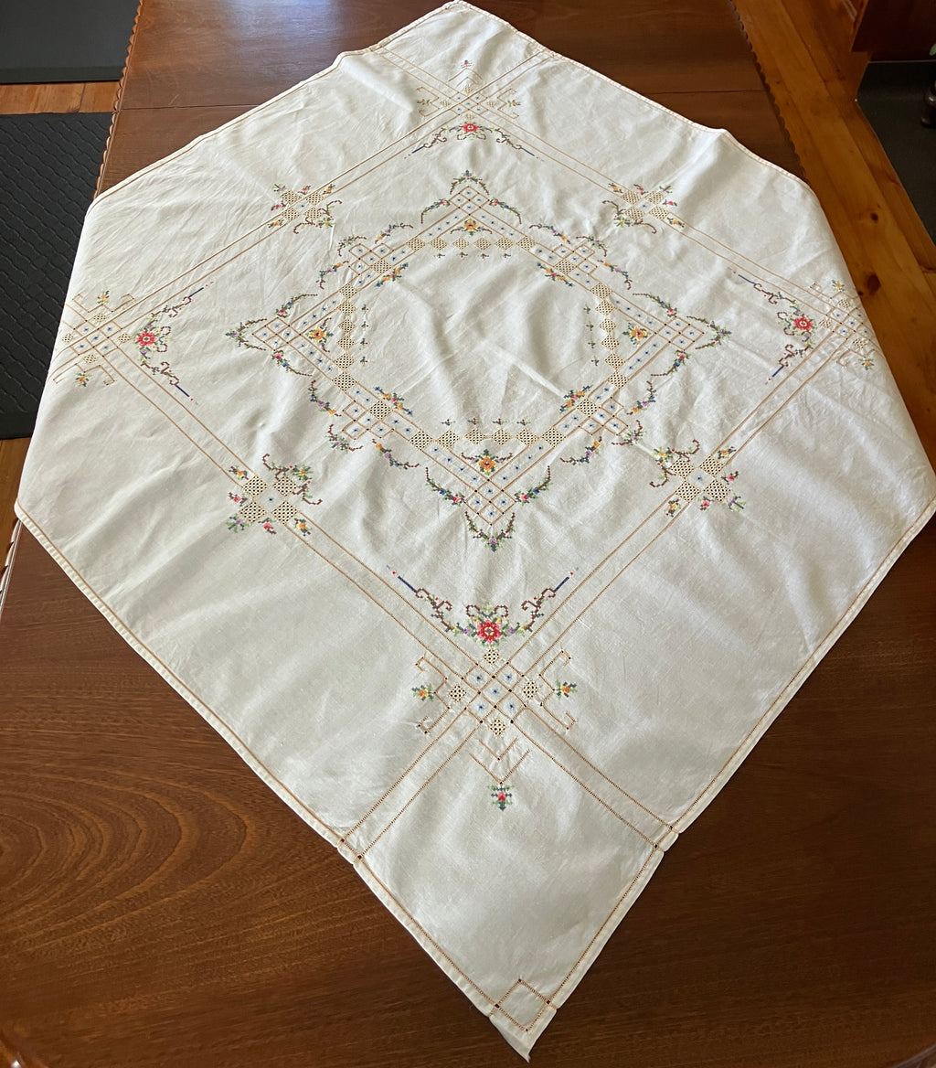 Vintage Cross Stitch Tablecloth Floral With Borders 101cm X 103cm