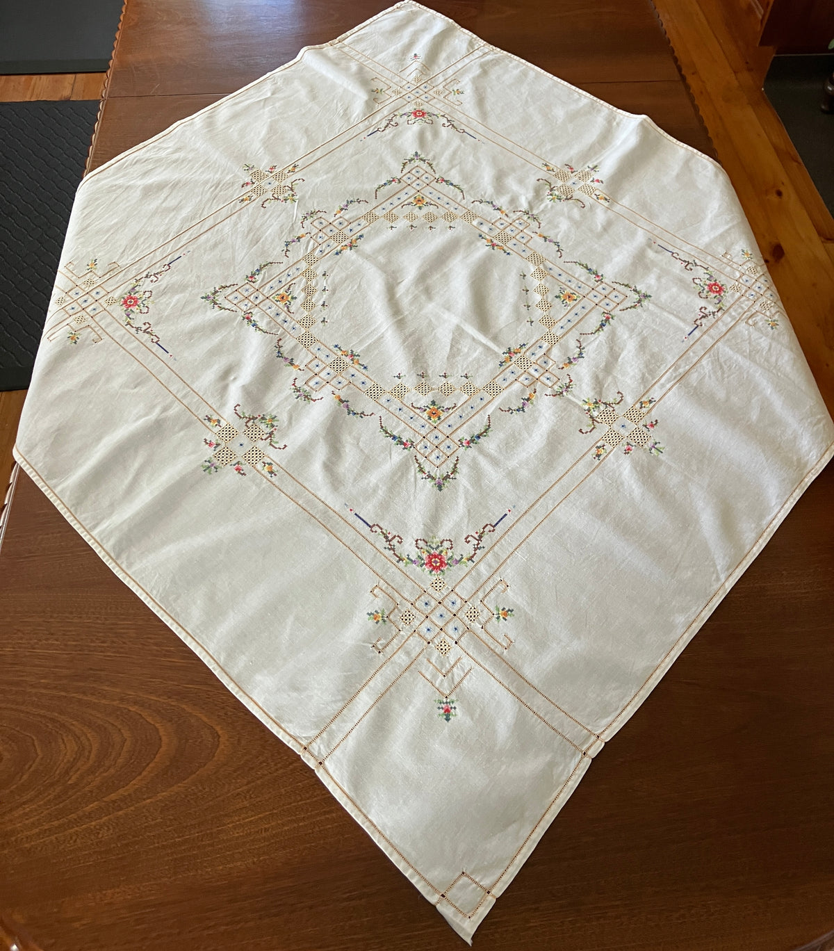 Vintage Cross Stitch Tablecloth Floral With Borders 101cm X 103cm