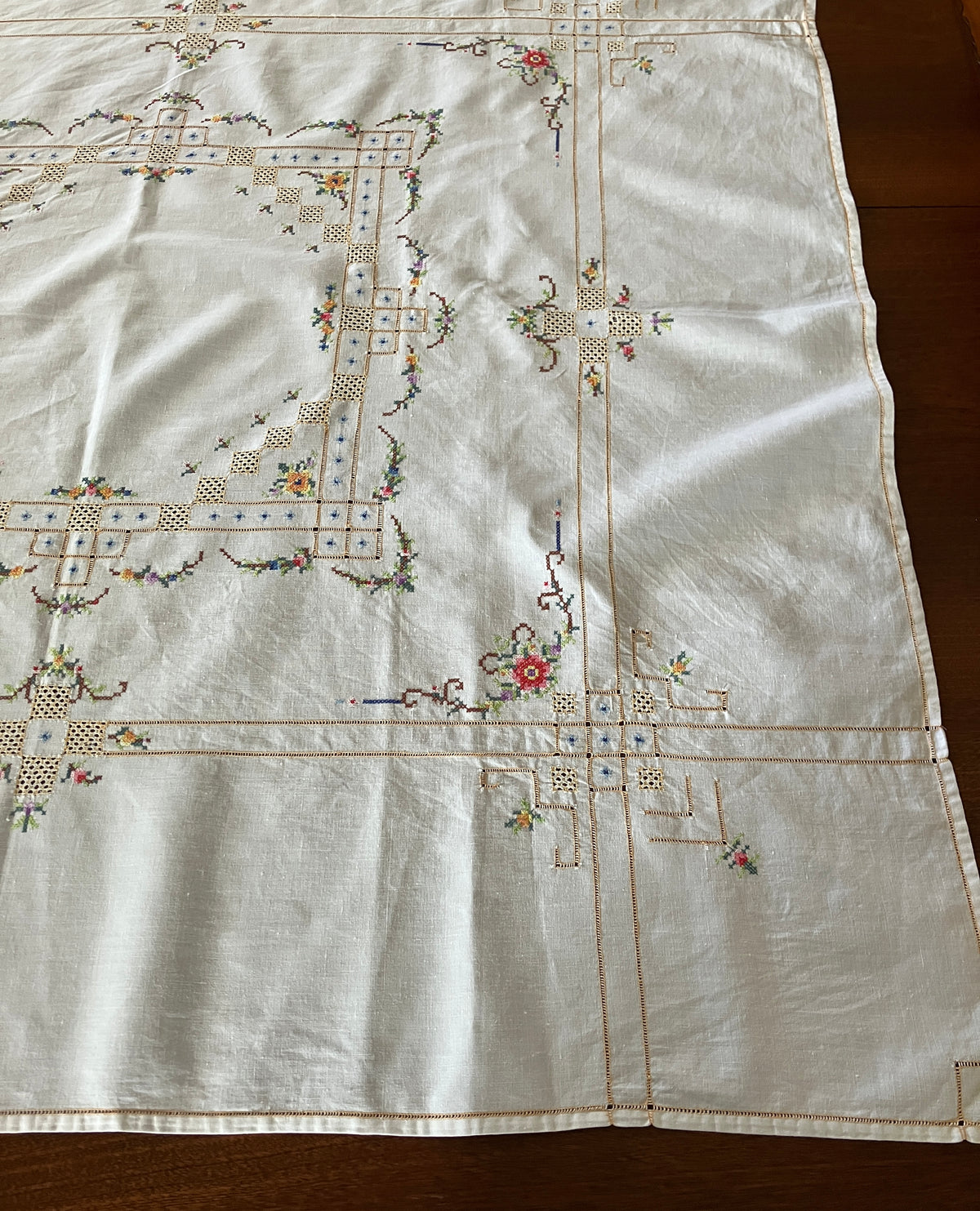 Vintage Cross Stitch Tablecloth Floral With Borders 101cm X 103cm