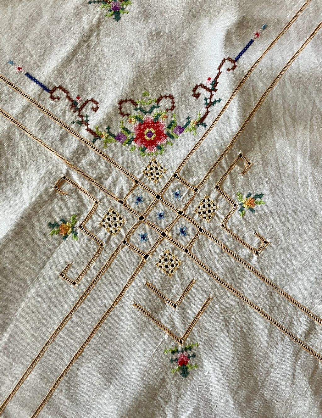 Vintage Cross Stitch Tablecloth Floral With Borders 101cm X 103cm