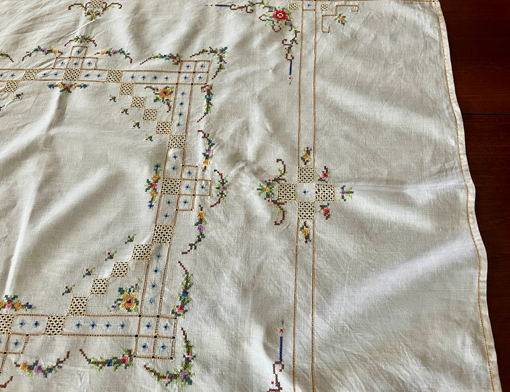 Vintage Cross Stitch Tablecloth Floral With Borders 101cm X 103cm