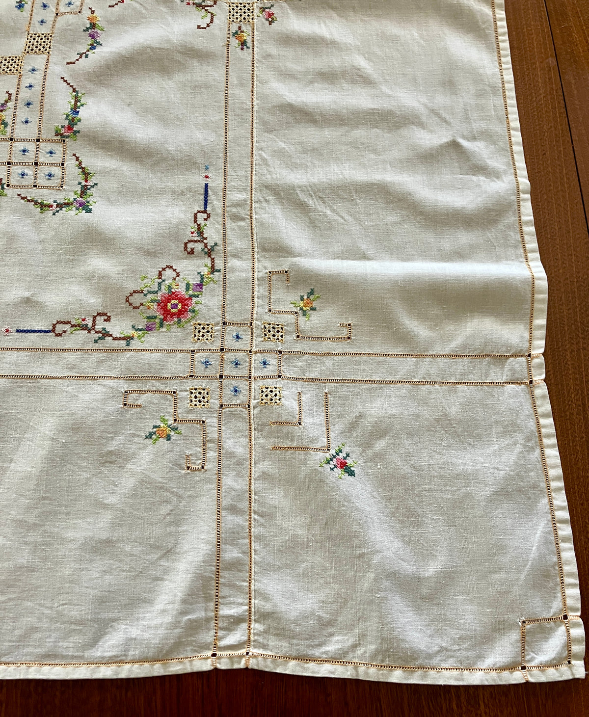 Vintage Cross Stitch Tablecloth Floral With Borders 101cm X 103cm