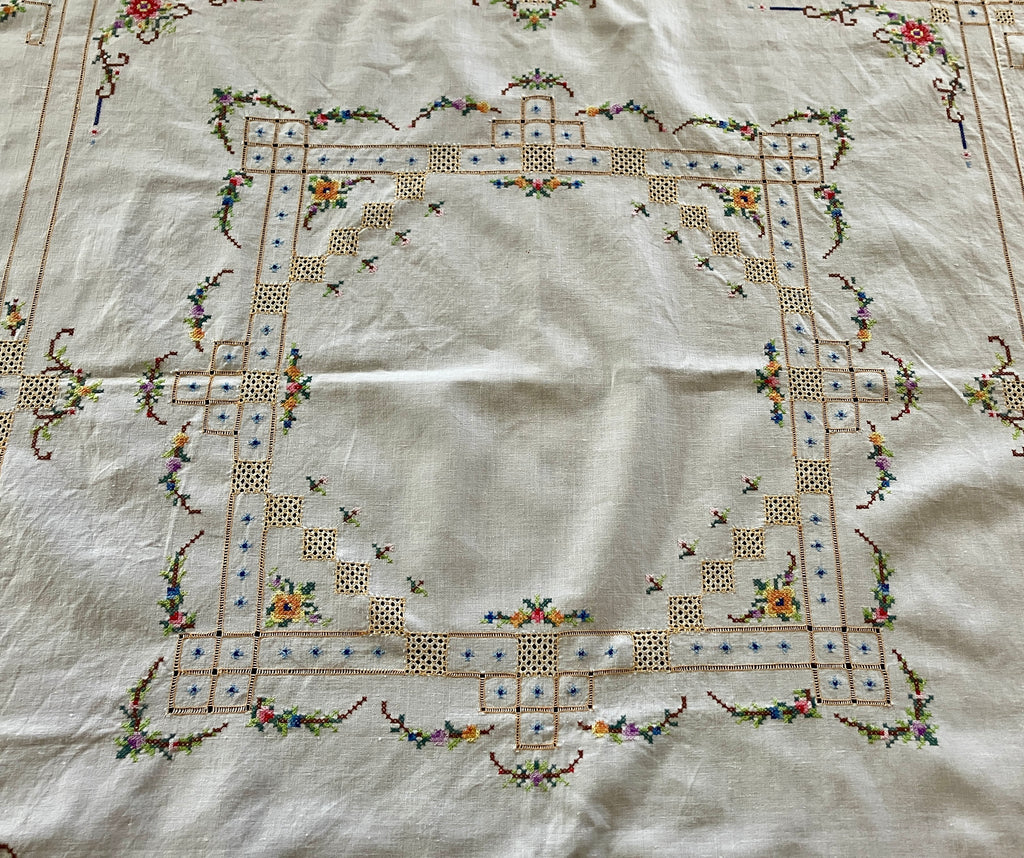 Vintage Cross Stitch Tablecloth Floral With Borders 101cm X 103cm