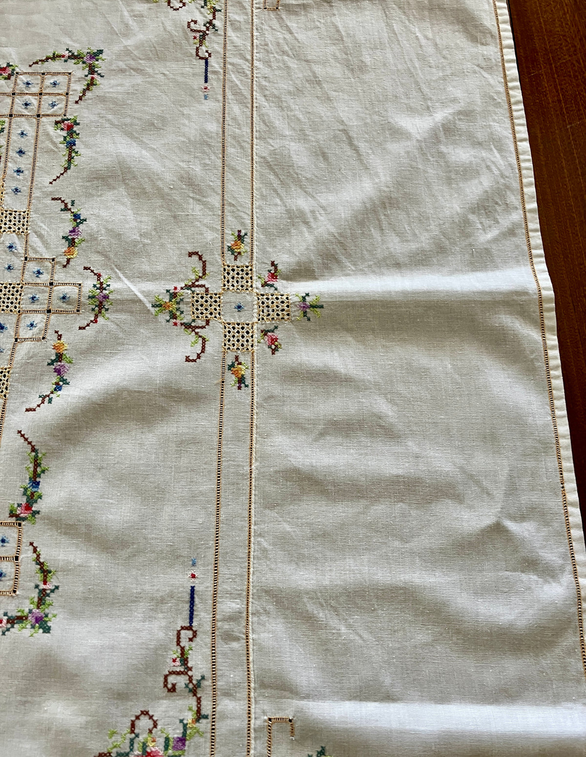 Vintage Cross Stitch Tablecloth Floral With Borders 101cm X 103cm