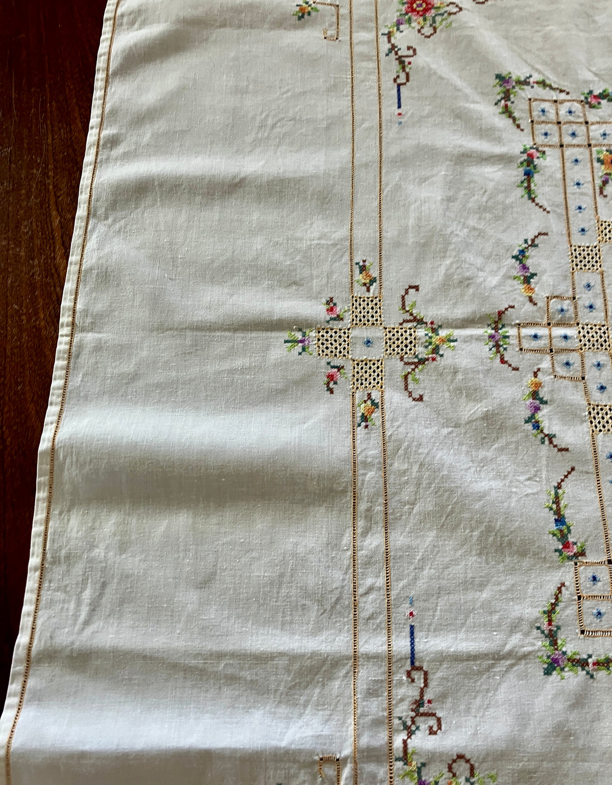 Vintage Cross Stitch Tablecloth Floral With Borders 101cm X 103cm