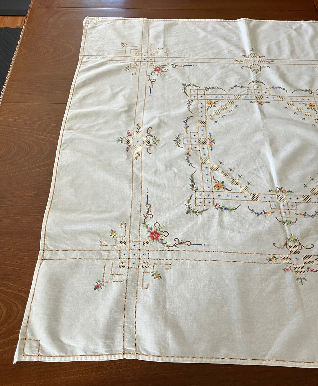 Vintage Cross Stitch Tablecloth Floral With Borders 101cm X 103cm