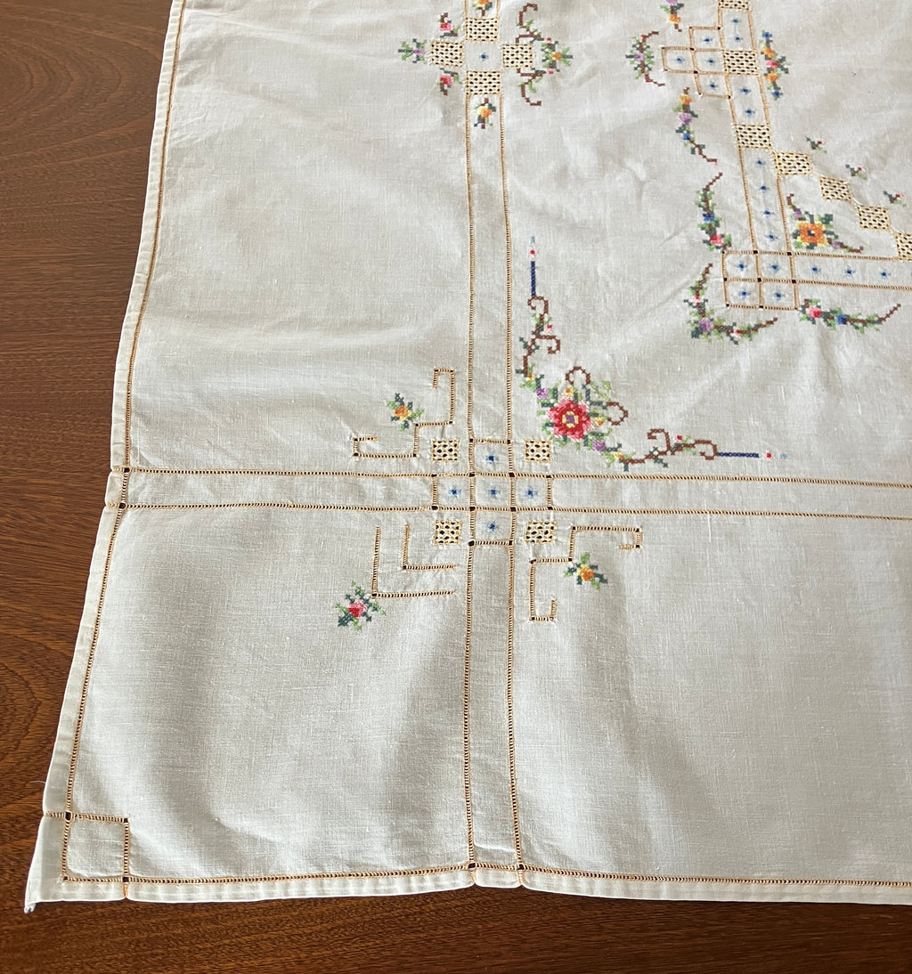 Vintage Cross Stitch Tablecloth Floral With Borders 101cm X 103cm