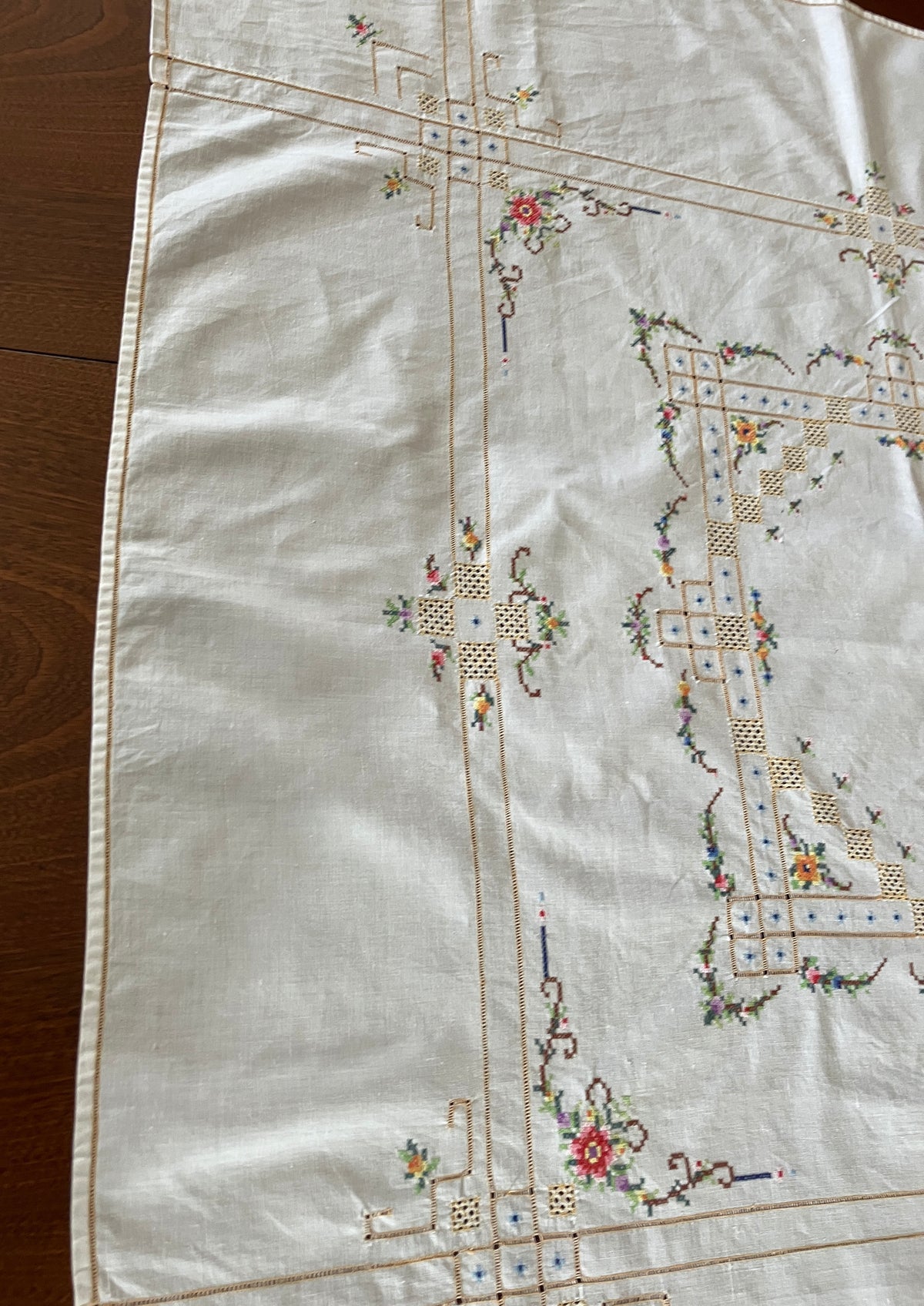 Vintage Cross Stitch Tablecloth Floral With Borders 101cm X 103cm