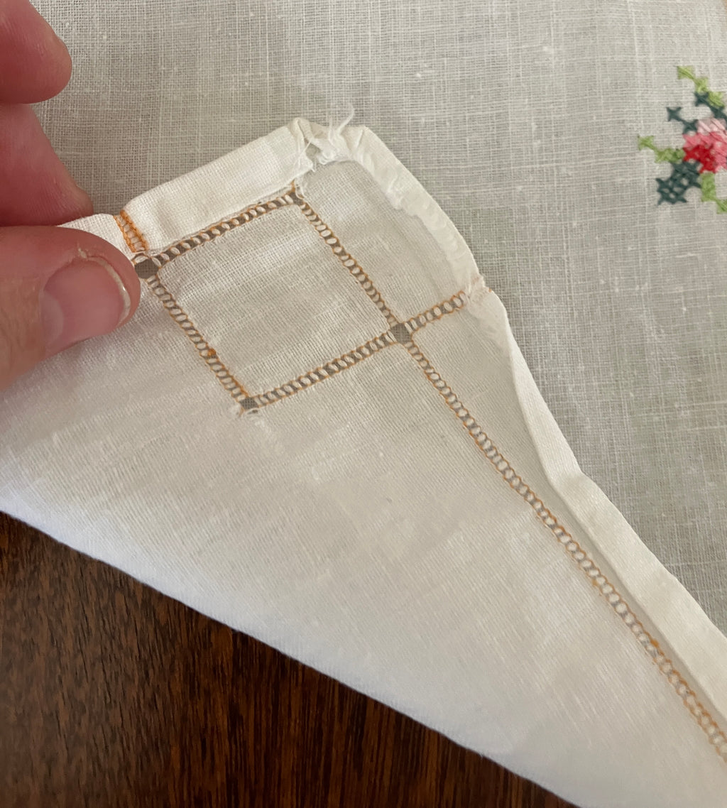 Vintage Cross Stitch Tablecloth Floral With Borders 101cm X 103cm