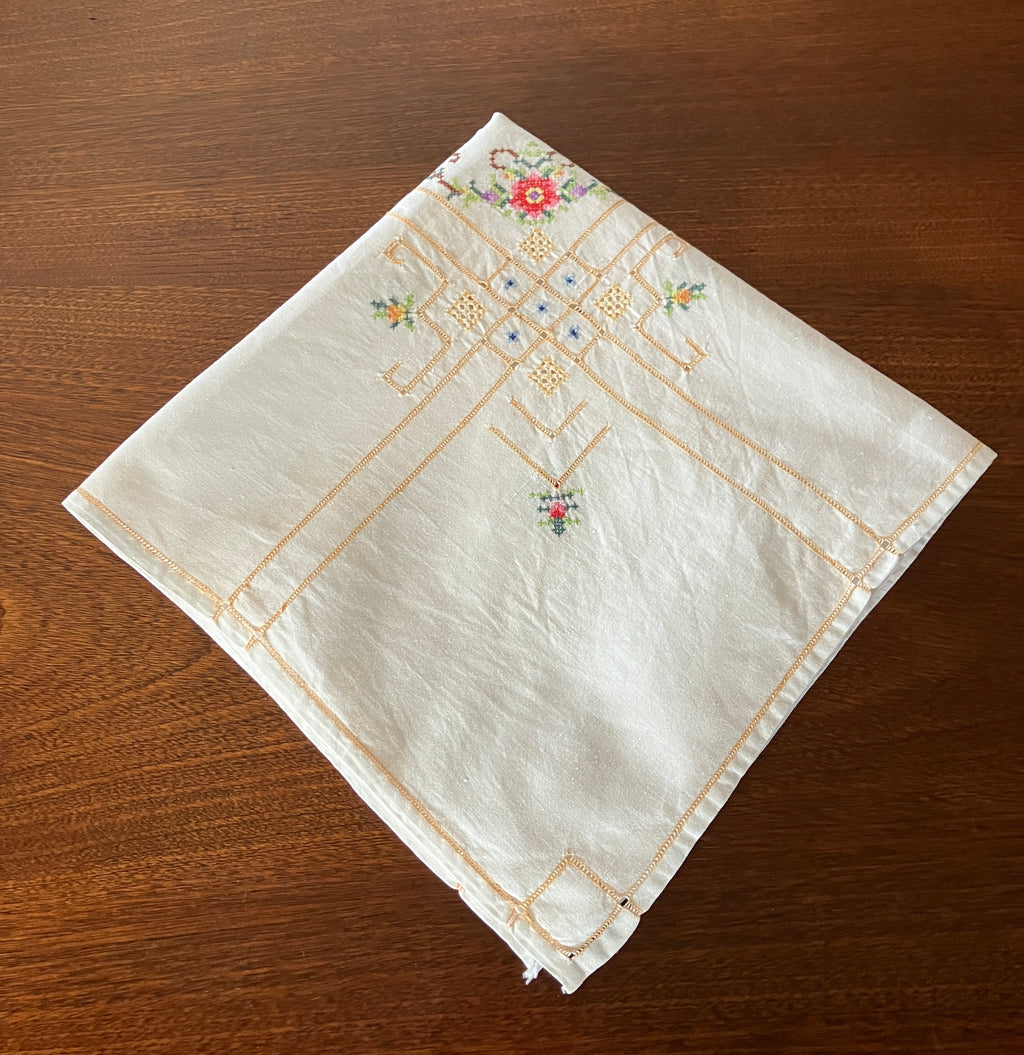 Vintage Cross Stitch Tablecloth Floral With Borders 101cm X 103cm