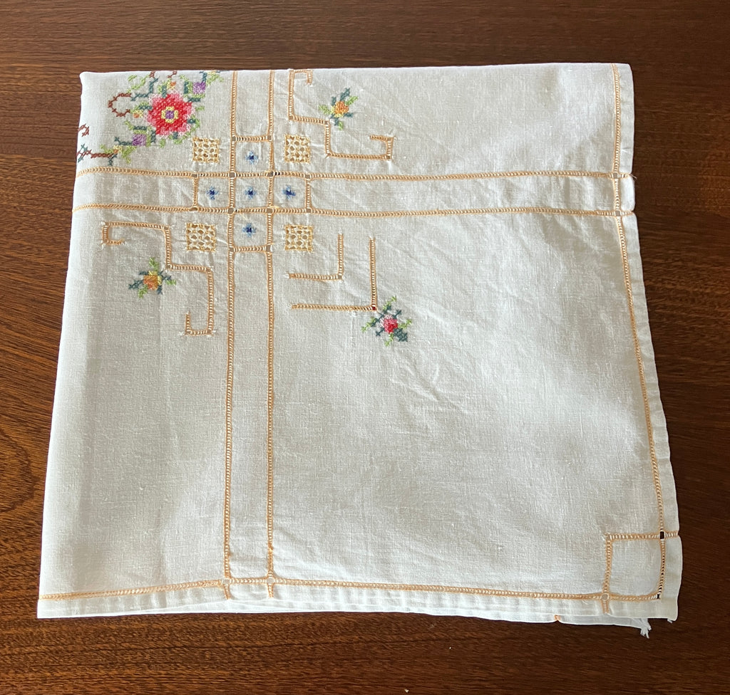 Vintage Cross Stitch Tablecloth Floral With Borders 101cm X 103cm