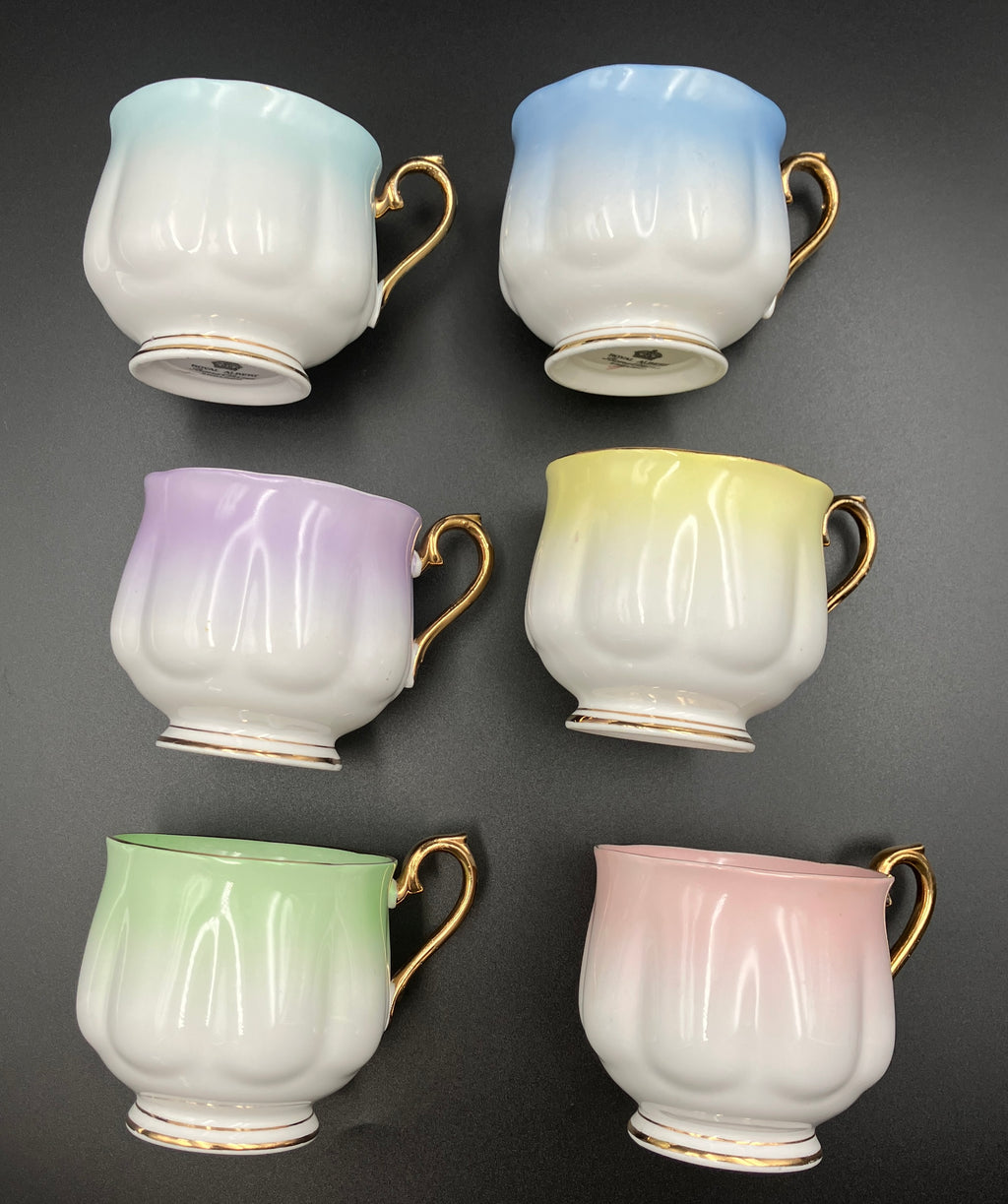 Vintage Royal Albert Rainbow Bone China Trio Teacups 6 Sets Blue, Green, Purple