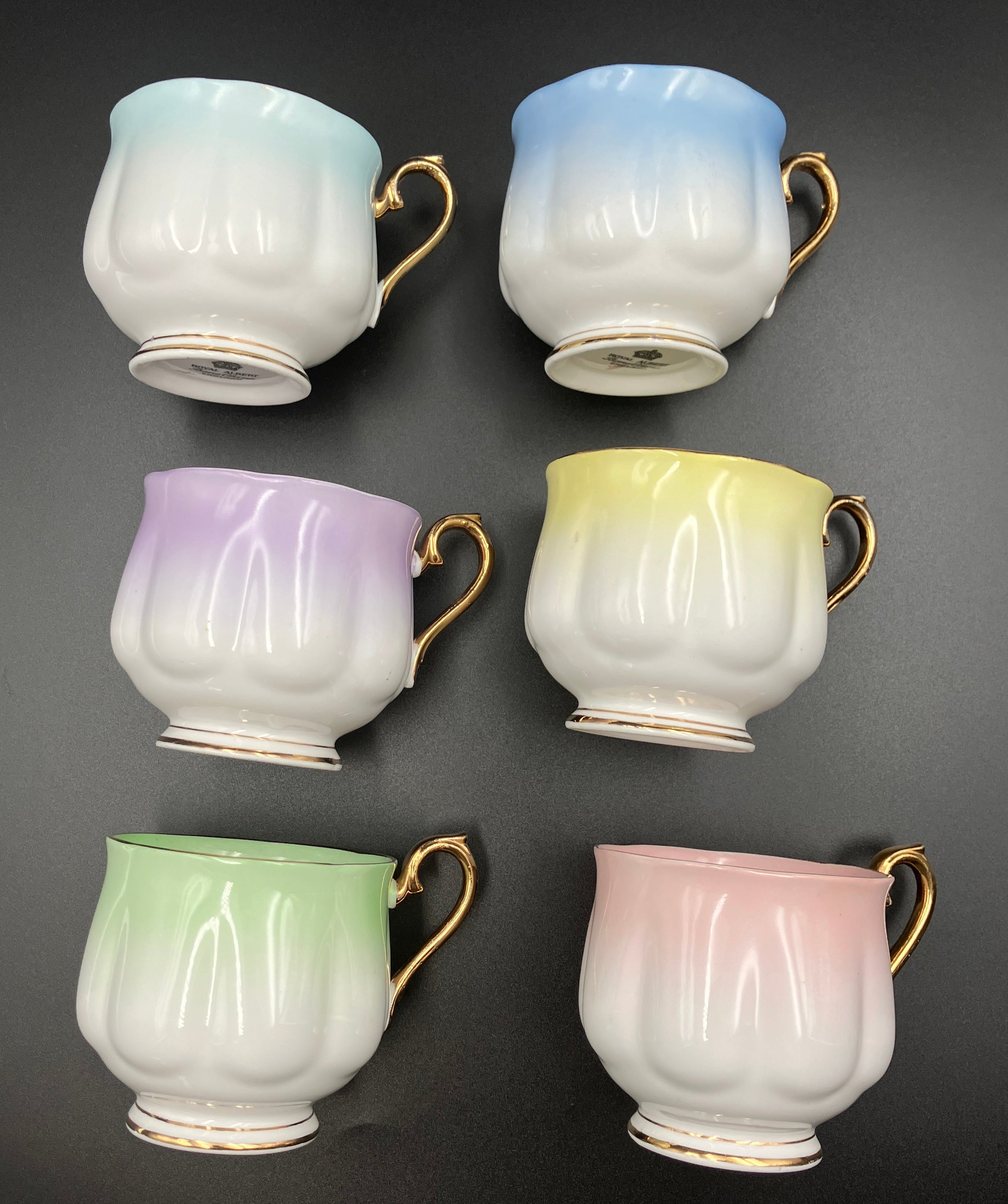 Vintage Royal Albert Rainbow Bone China Trio Teacups 6 Sets Blue, Green, Purple