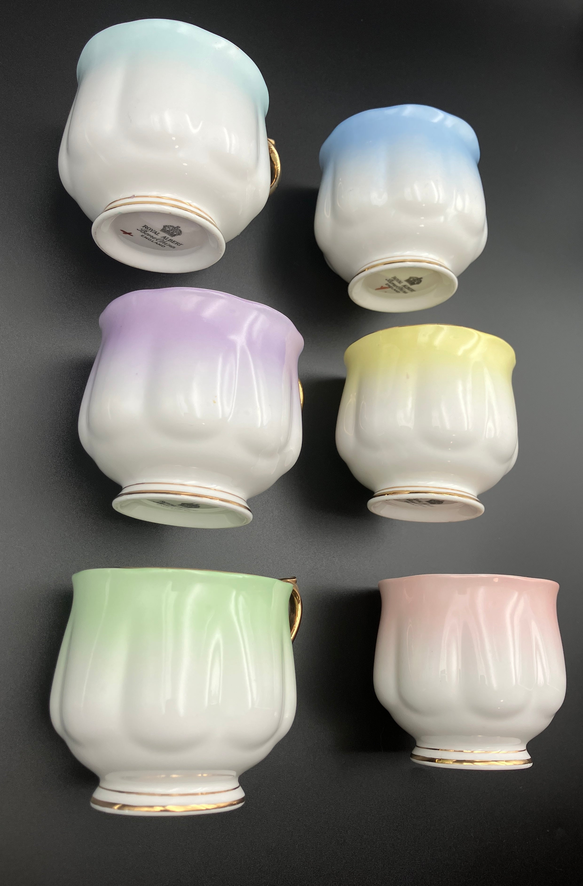 Vintage Royal Albert Rainbow Bone China Trio Teacups 6 Sets Blue, Green, Purple