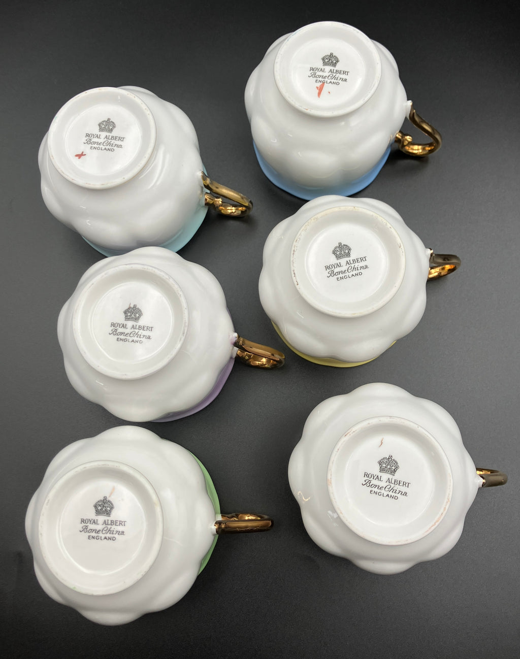 Vintage Royal Albert Rainbow Bone China Trio Teacups 6 Sets Blue, Green, Purple