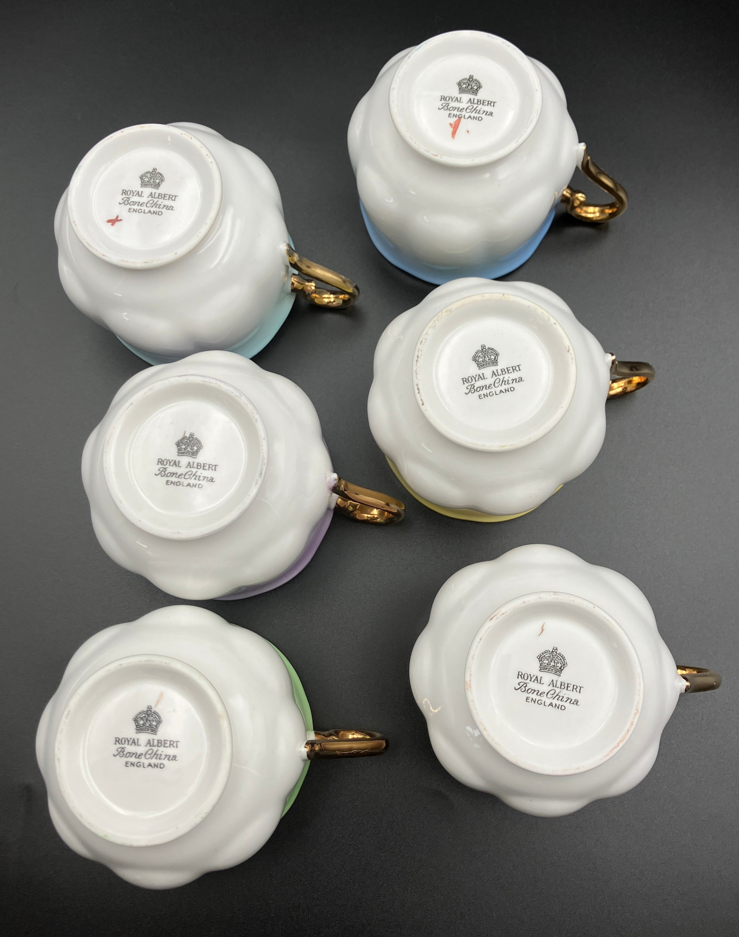 Vintage Royal Albert Rainbow Bone China Trio Teacups 6 Sets Blue, Green, Purple