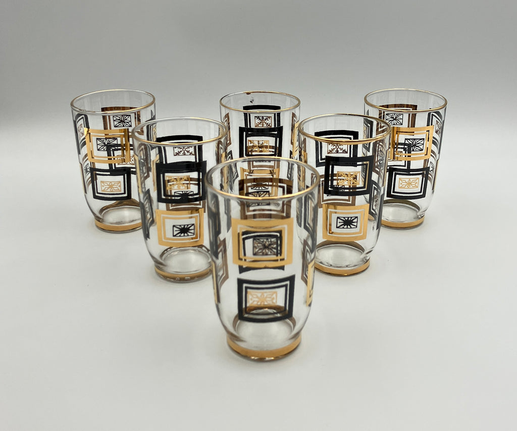 Mid-Century Modern Atomic Period Glasses with Gold Starbursts Lot Of 6 VGC