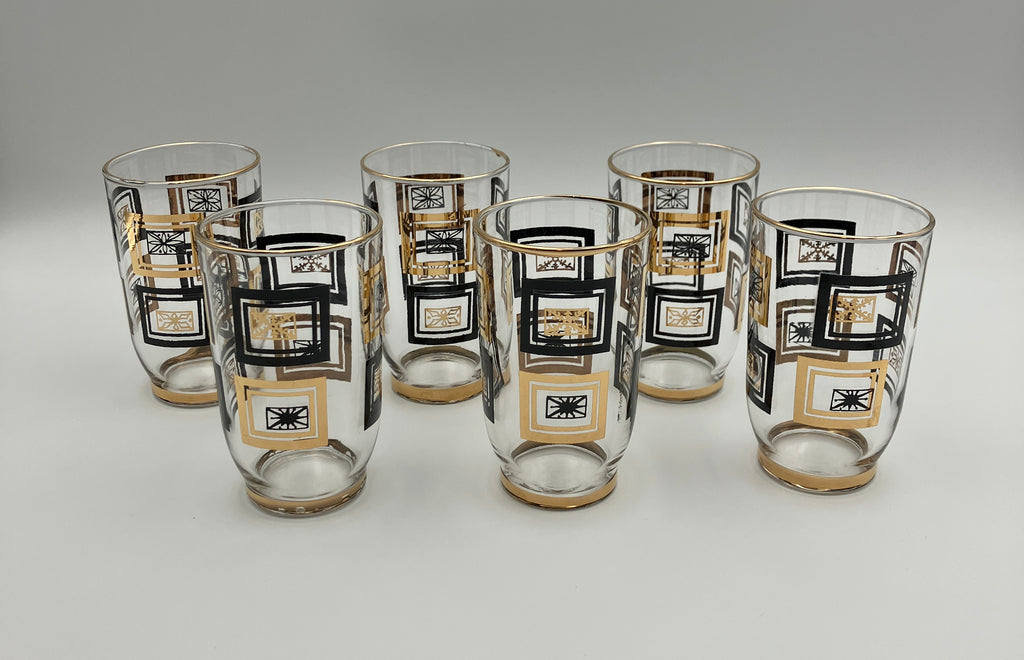 Mid-Century Modern Atomic Period Glasses with Gold Starbursts Lot Of 6 VGC