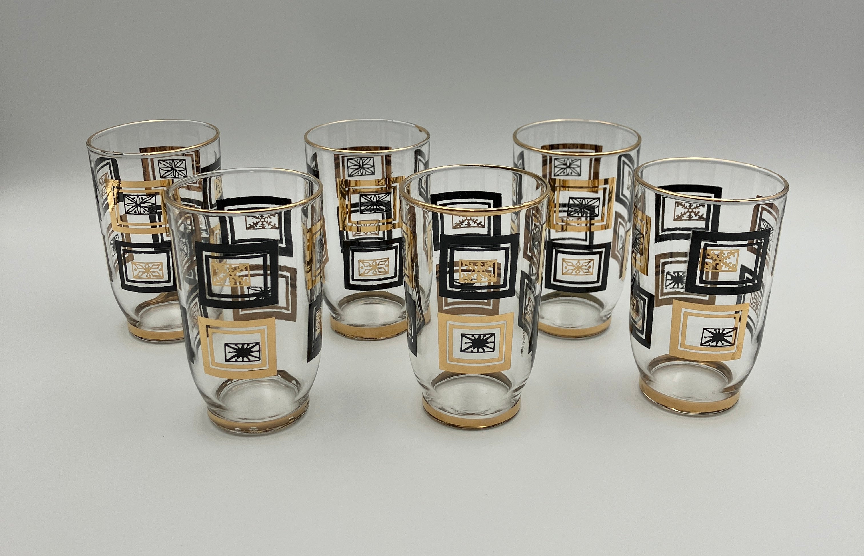Mid-Century Modern Atomic Period Glasses with Gold Starbursts Lot Of 6 VGC