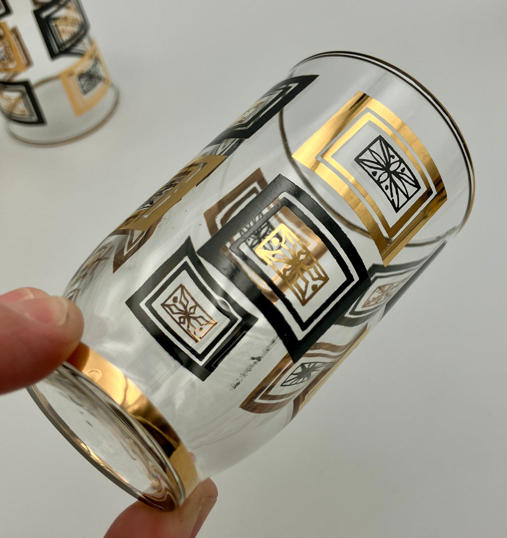 Mid-Century Modern Atomic Period Glasses with Gold Starbursts Lot Of 6 VGC