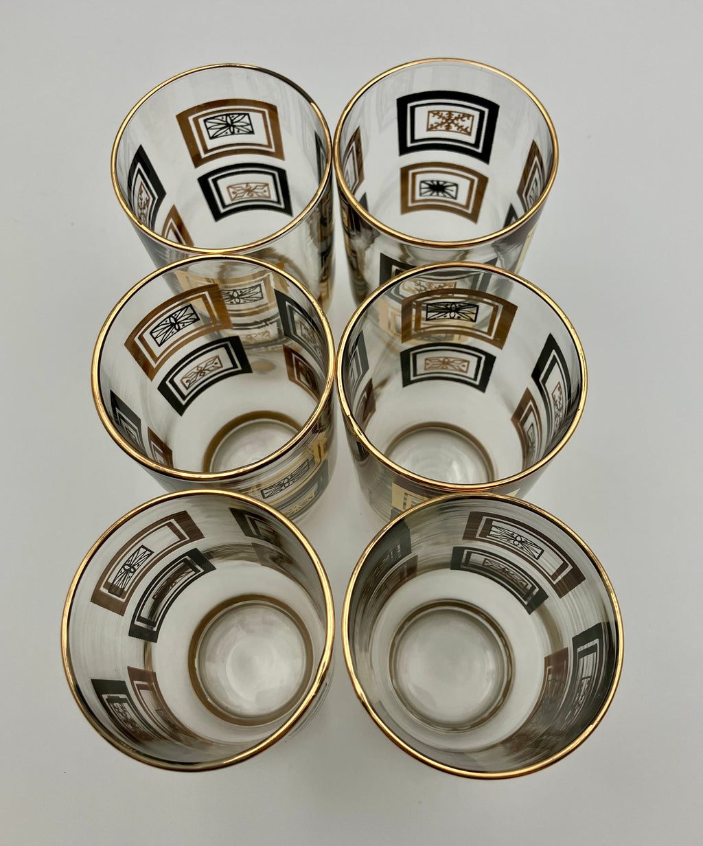 Mid-Century Modern Atomic Period Glasses with Gold Starbursts Lot Of 6 VGC