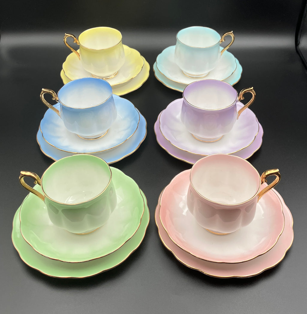 Vintage Royal Albert Rainbow Bone China Trio Teacups 6 Sets Blue, Green, Purple