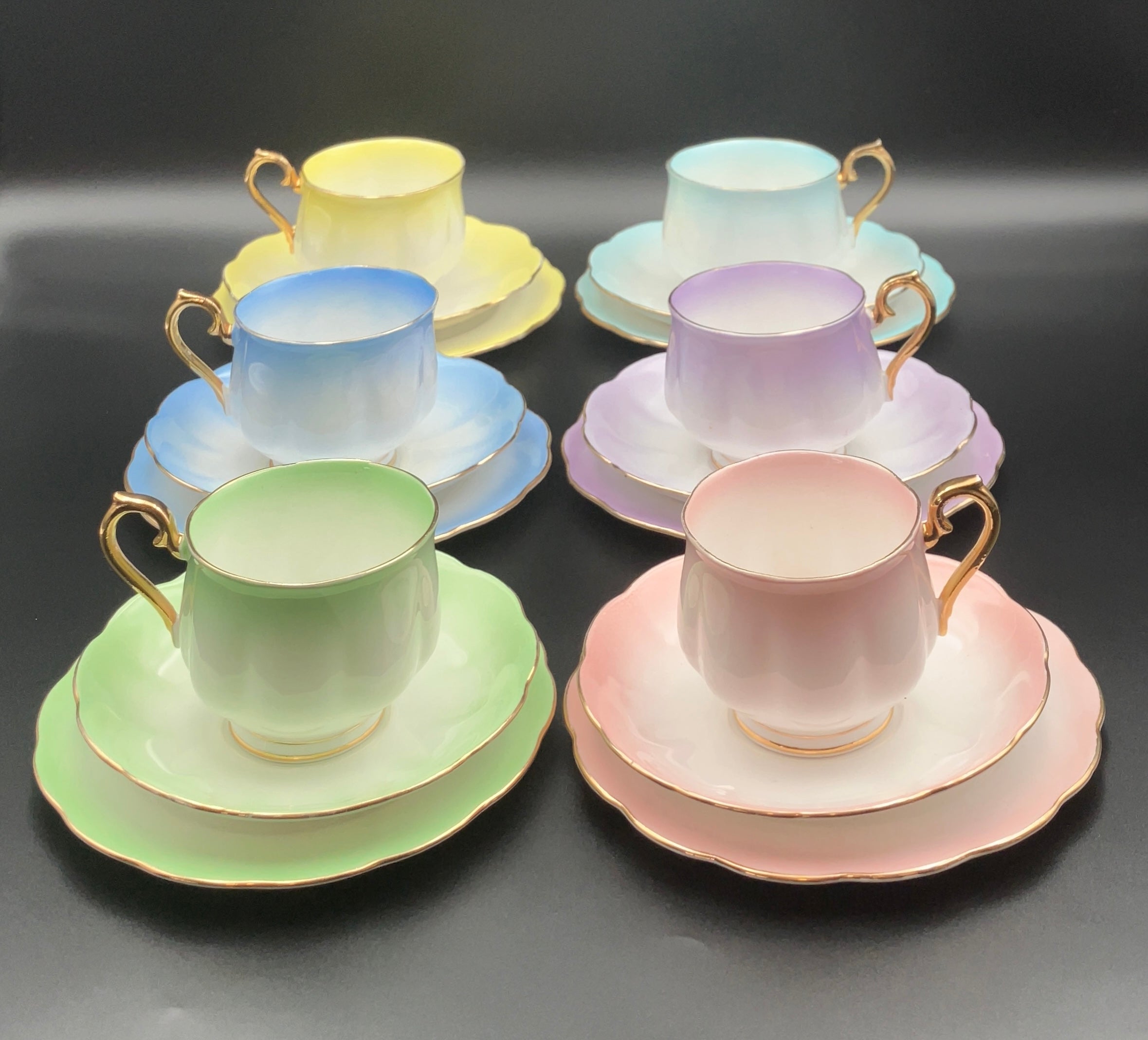 Vintage Royal Albert Rainbow Bone China Trio Teacups 6 Sets Blue, Green, Purple