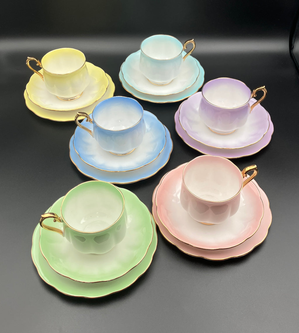 Vintage Royal Albert Rainbow Bone China Trio Teacups 6 Sets Blue, Green, Purple
