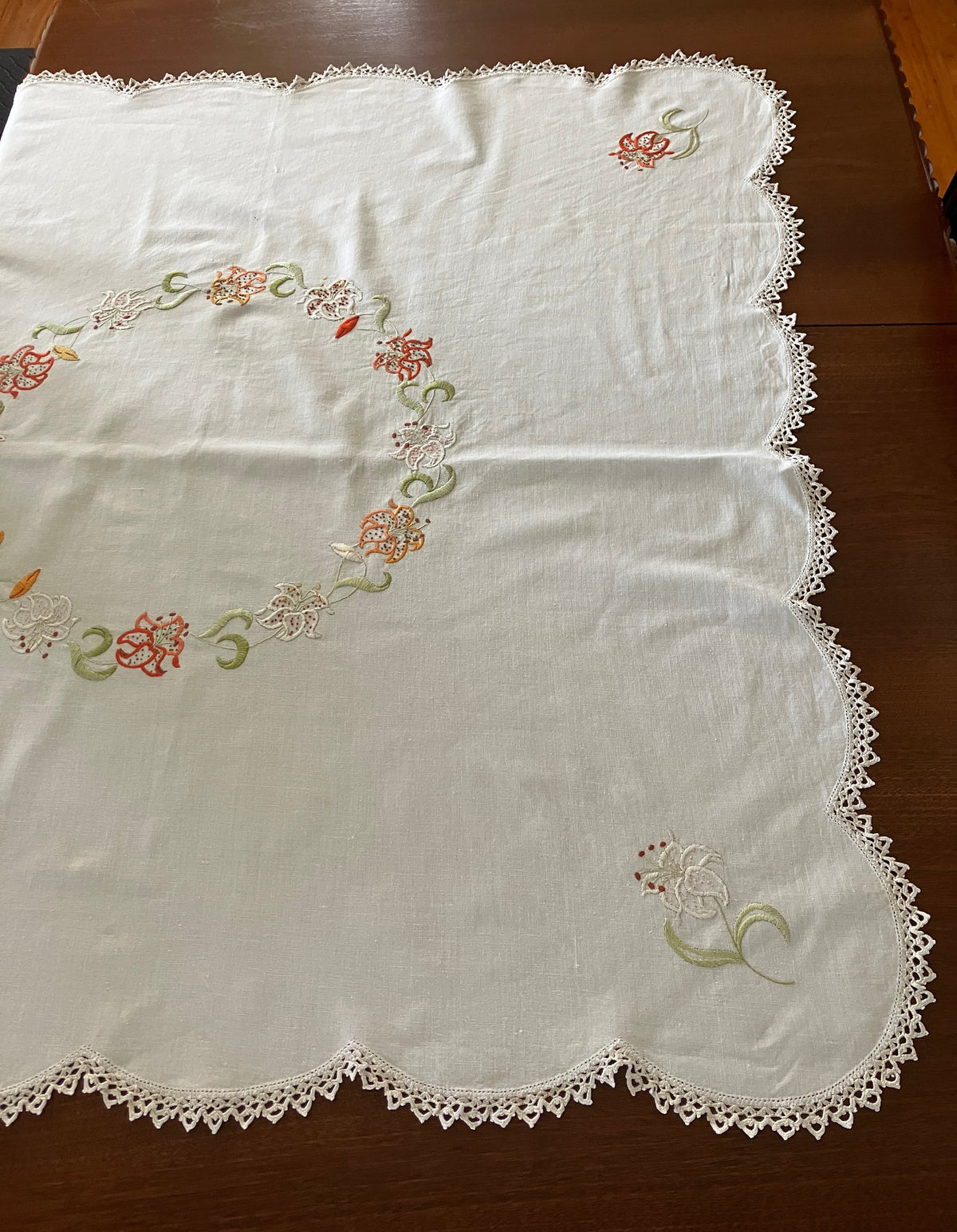Vintage Embroidered Tablecloth Lily 106cm x 106cm Table Cloth