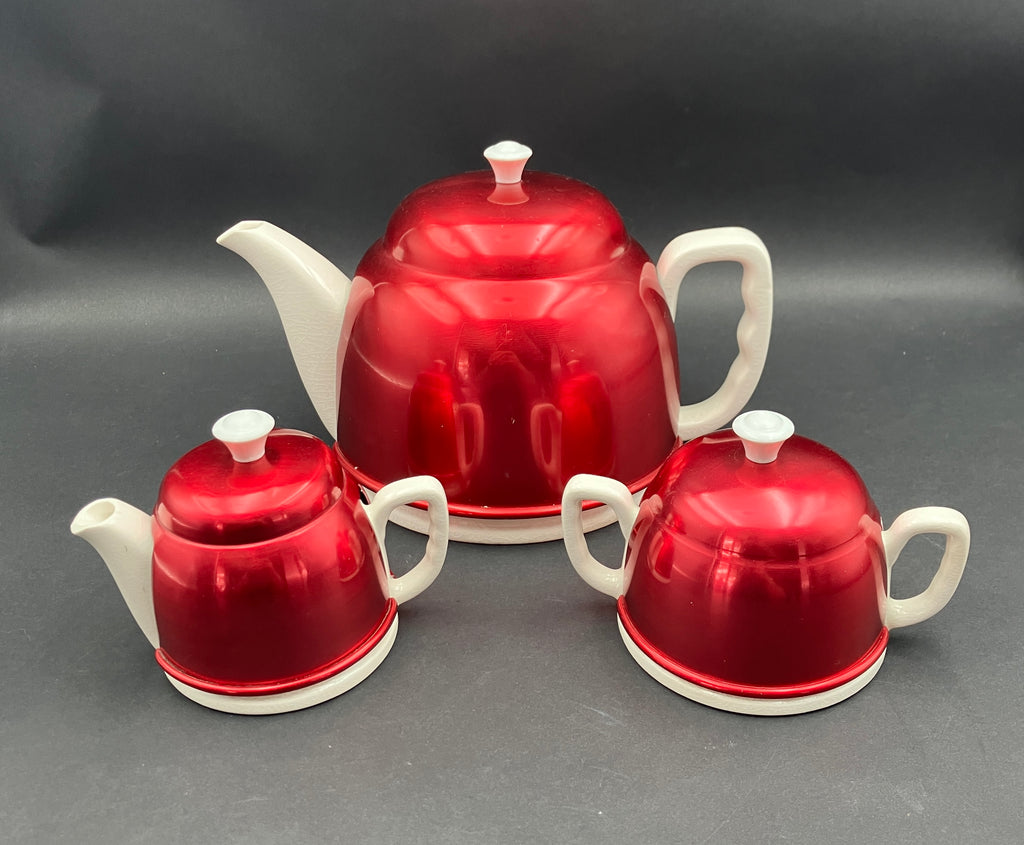 Vintage Anodised Teapot Creamer And Sugar Pot Set Red Anodised Made In Japan