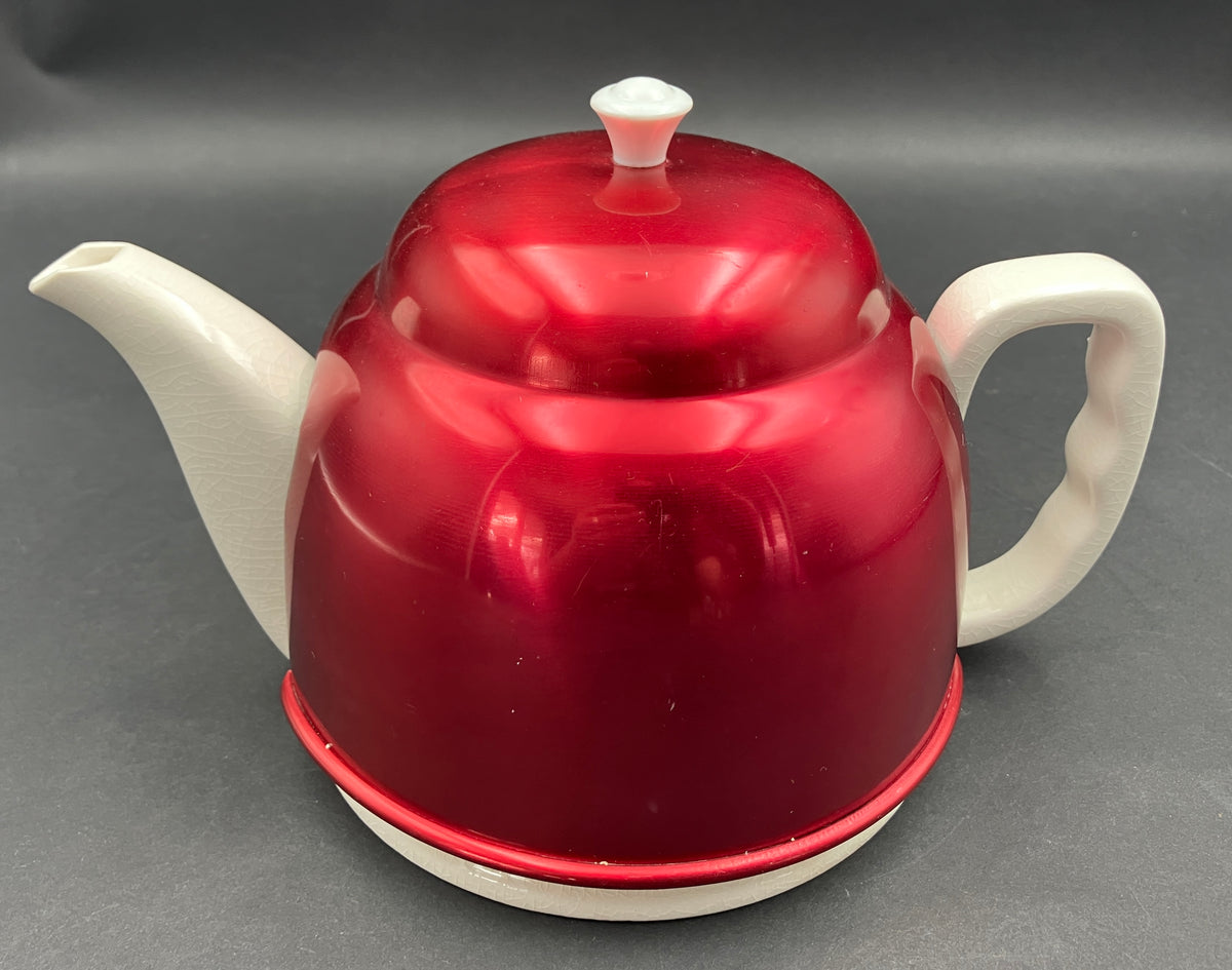 Vintage Anodised Teapot Creamer And Sugar Pot Set Red Anodised Made In Japan