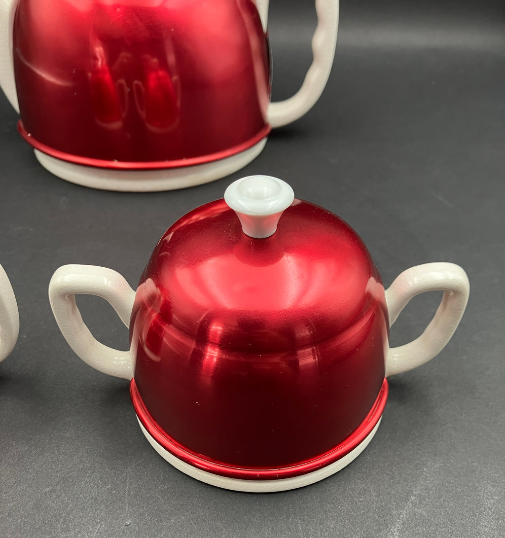 Vintage Anodised Teapot Creamer And Sugar Pot Set Red Anodised Made In Japan