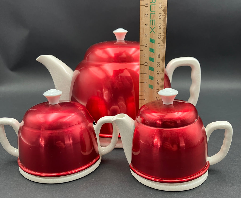 Vintage Anodised Teapot Creamer And Sugar Pot Set Red Anodised Made In Japan