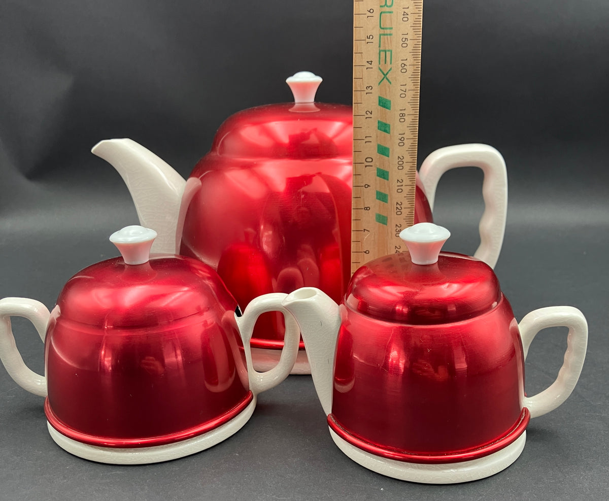 Vintage Anodised Teapot Creamer And Sugar Pot Set Red Anodised Made In Japan