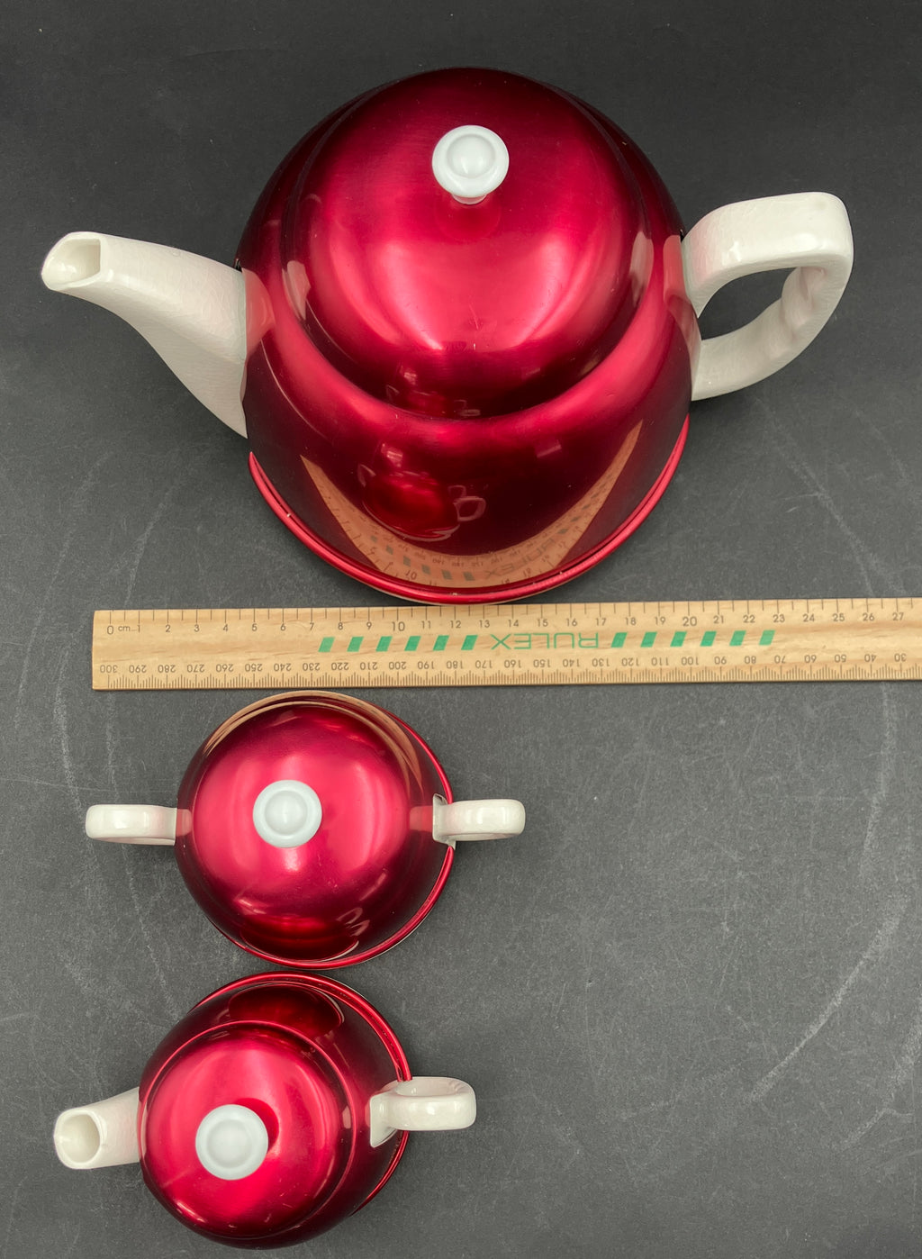 Vintage Anodised Teapot Creamer And Sugar Pot Set Red Anodised Made In Japan