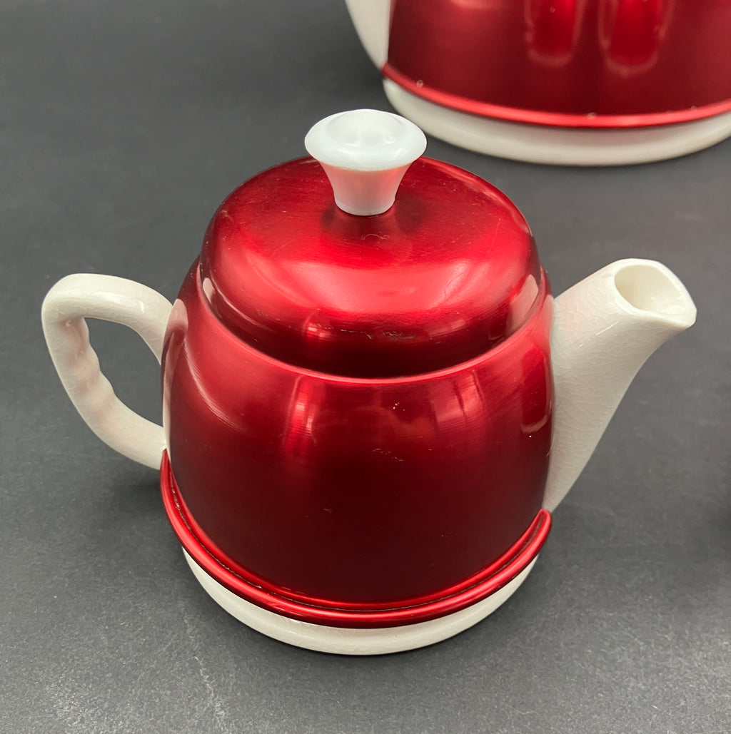 Vintage Anodised Teapot Creamer And Sugar Pot Set Red Anodised Made In Japan