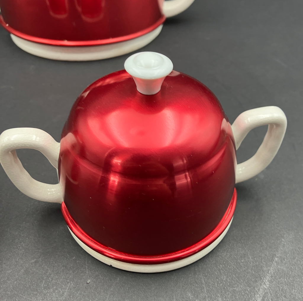 Vintage Anodised Teapot Creamer And Sugar Pot Set Red Anodised Made In Japan