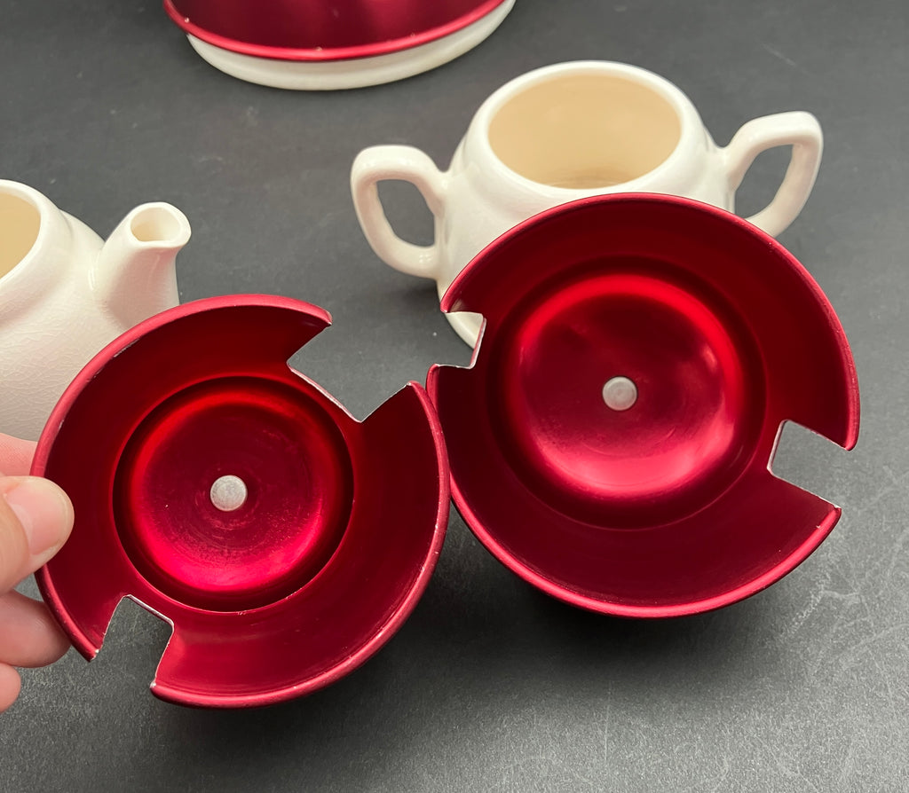 Vintage Anodised Teapot Creamer And Sugar Pot Set Red Anodised Made In Japan