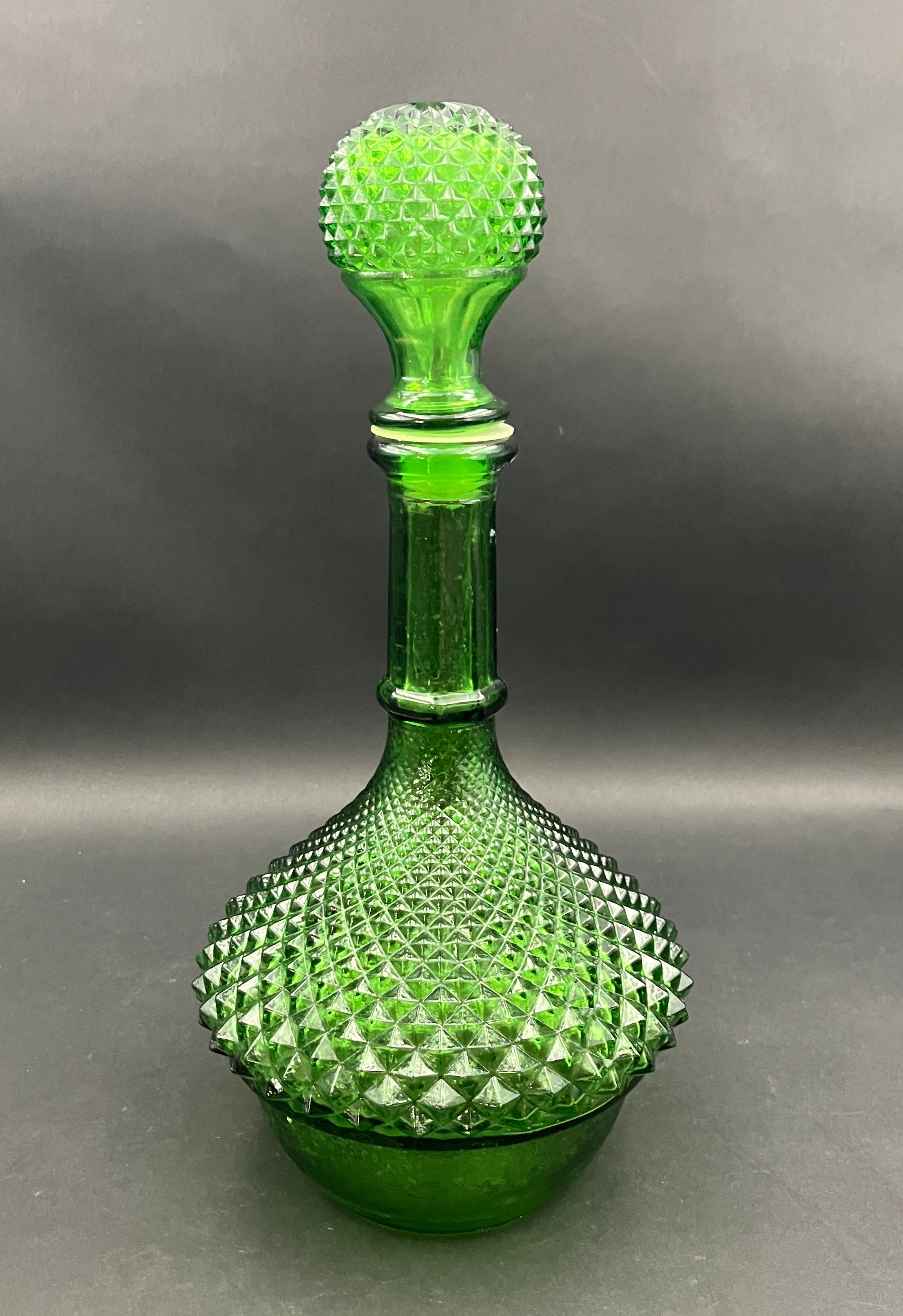 Vintage Genie Bottle Green Italian Diamond Cut Squat Green Decanter